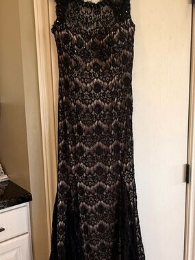 Betsy & Adam Black Lace Evening Gown